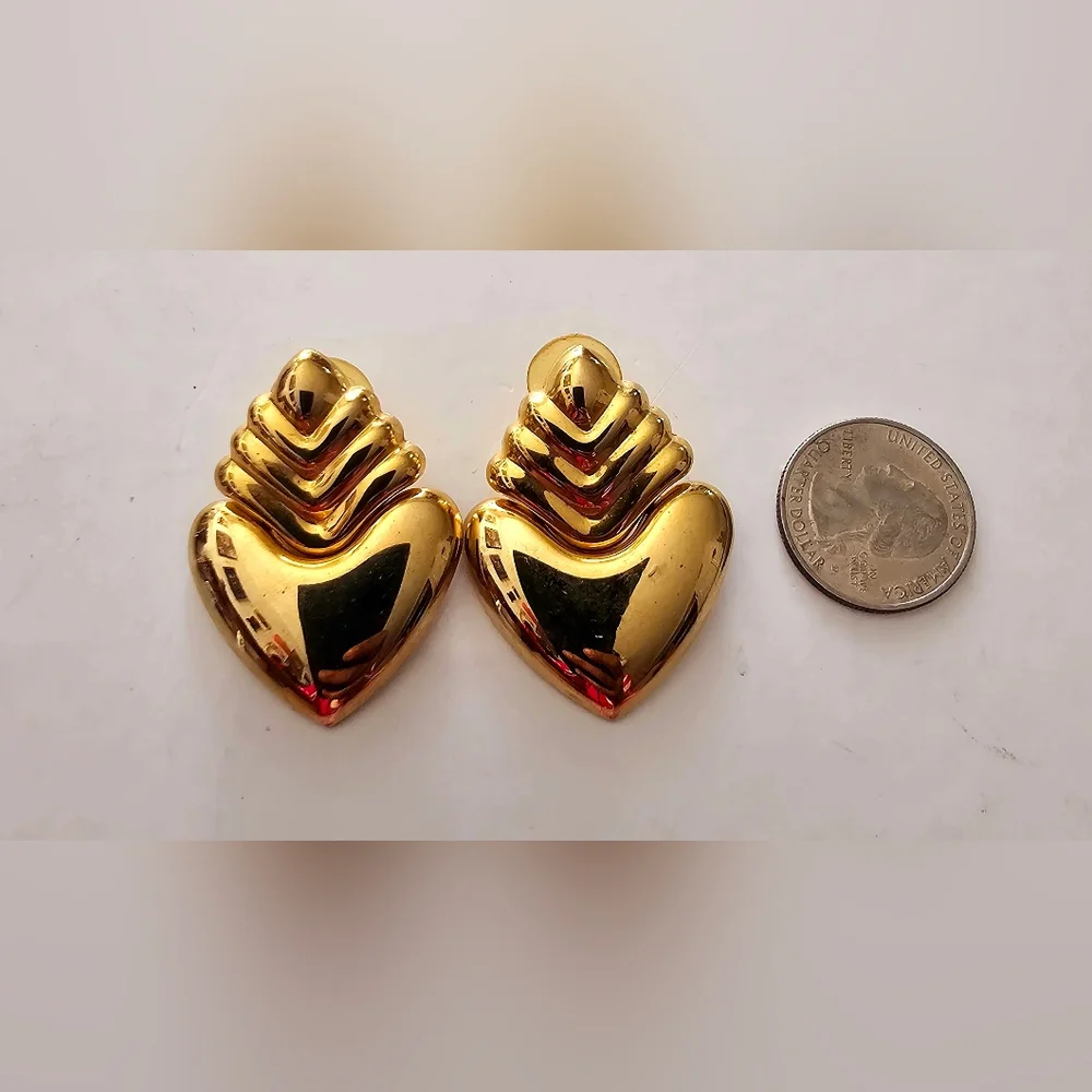 Vintage 1980s gilt gold media heart Escada inspired doorknocker earrings